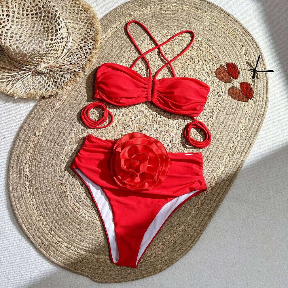 Sexy Bikini Set 2 Piece Swimwear Women High Waist 3D Flower Swimsuit 2026 New Halter Bandeau Bandage Banthing Suit Red White Y260303