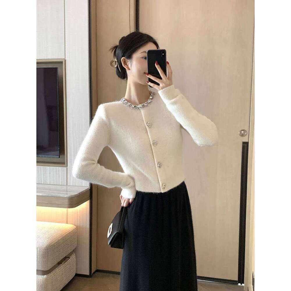 High-End Autumn Knitted Top Decorated Collar Anti-Aging Versatile Ele Sle Long Sve Round Ne Sweater Coat Z260313