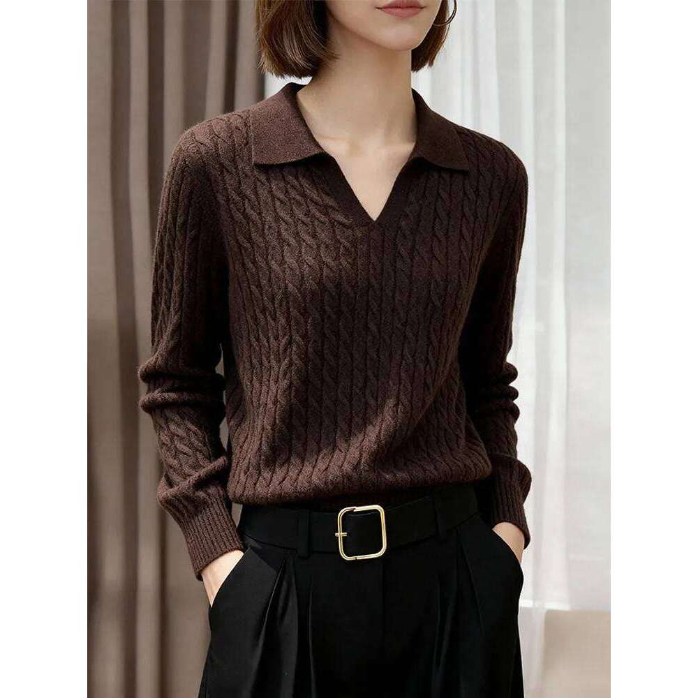 Long-sleeved cashmere sweater ladies winter new comfortable, fashionable and casual temperament lapel blouse sweater. Z260313
