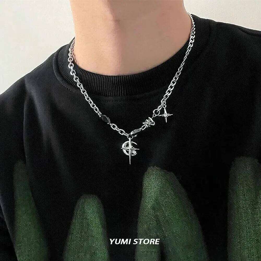 Hip Hop Moon Star Pendant Necklace For Men Women Titanium Steel Spliced Sweater Chain Kpop Unisex Jewelry Street Punk Accessorie H260312