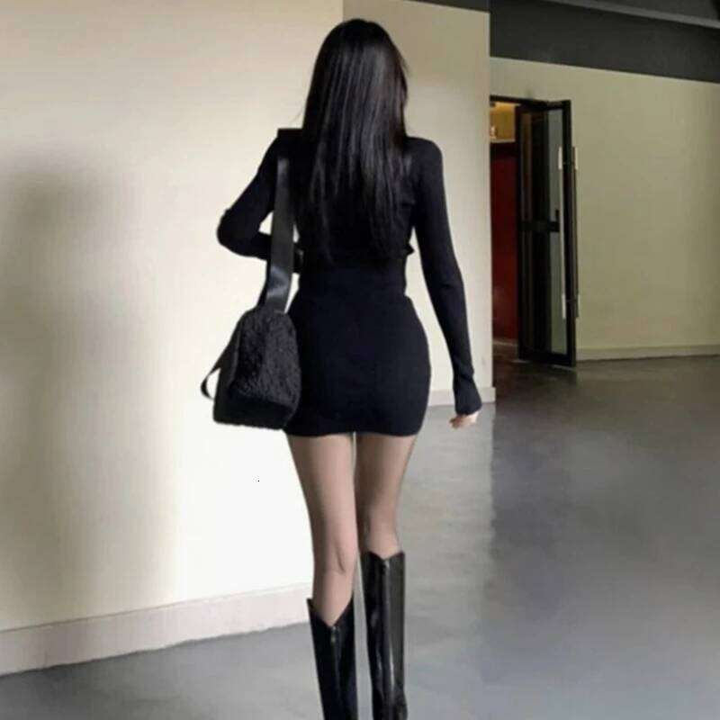2025 Minimalist Black Ribbed Knit Half Zip Long - Sleeve Bodycon Dress, Women's Daily Elegant Wear Z260314