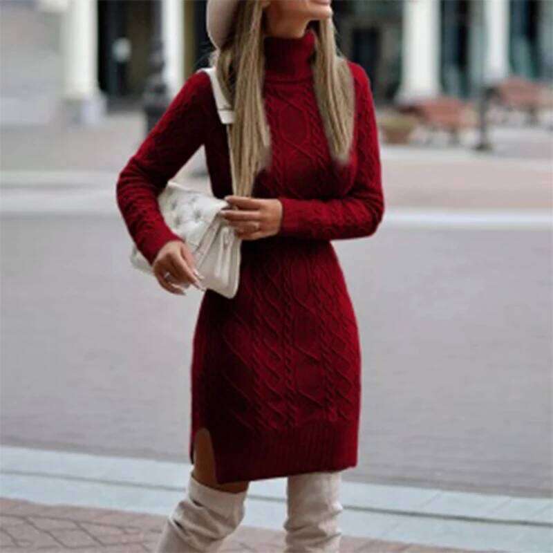 Knitted Women High Neck Slim Solid Wool Mini Fashion Ladies Basic Long Sleeve Winter Autumn Warm Dresses Z260313