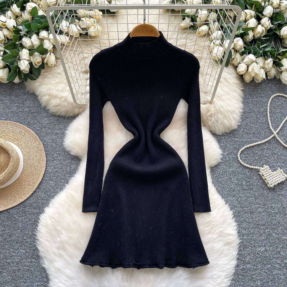 REALEFT Autumn Winter French Style Women's Knitted A-line Solid Long Sleeve Turtleneck Casual Bottom Wrap Dresses Female Z260314