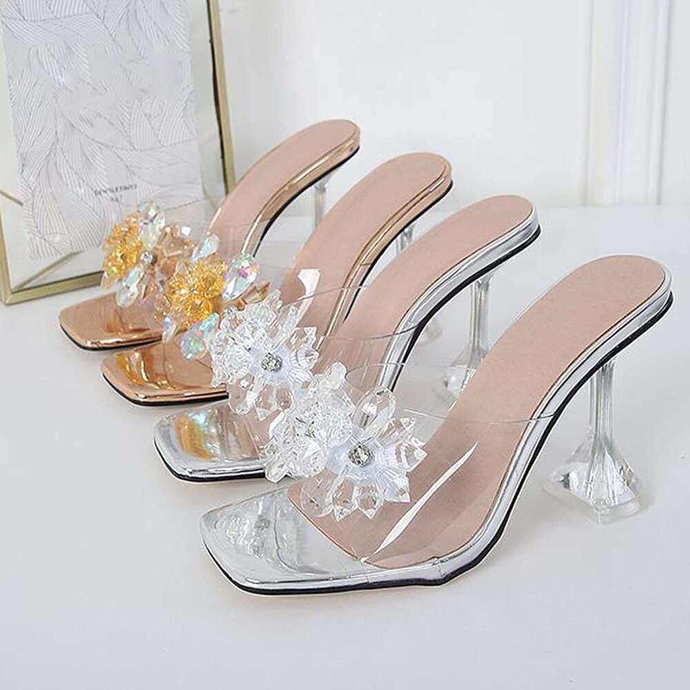 Women S Clear Flower Crystal Stiletto Fashion Comfortable Square Open Toe Summer Slip On Wine Glasses Heel Dress Slides Sandals For Formal Wedding Par