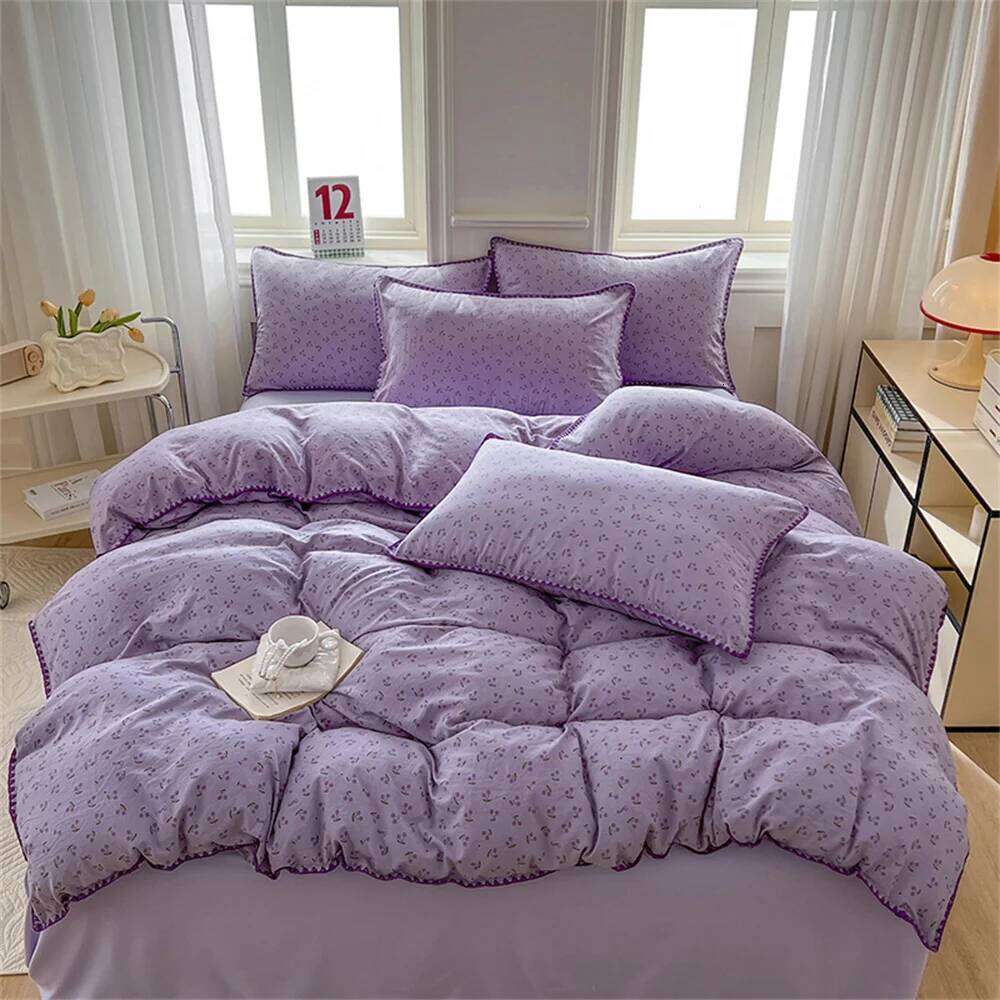 Washed Cotton Duvet Cover Purple Cherry Bed Sheet Pillowcase for Adults and Kids Home Textiles Four-piece Bedding Set H260312 - view 3
