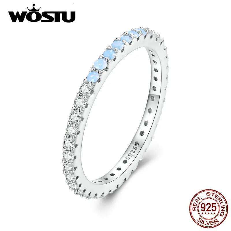 WOSTU 925 Sterling Silver Rainbow Blue Fire Opal Clear Zircon Simple Engagement Rings For Women Classical Roud Stacking Ring New H260312