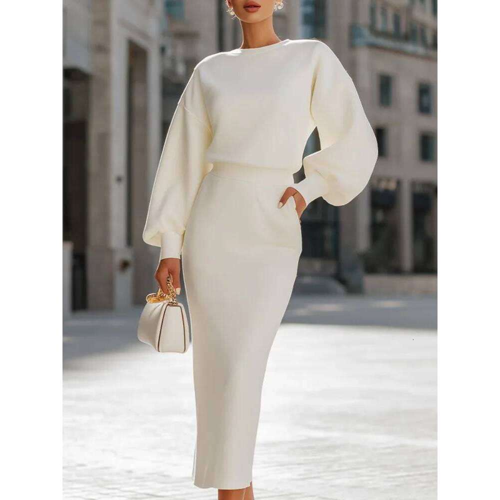 Freeacy 2025 Autumn Stylish Women's White Relaxed Fit Midi Dress Round Neck Lantern Sleeves High Waist Party Dresses Z260313