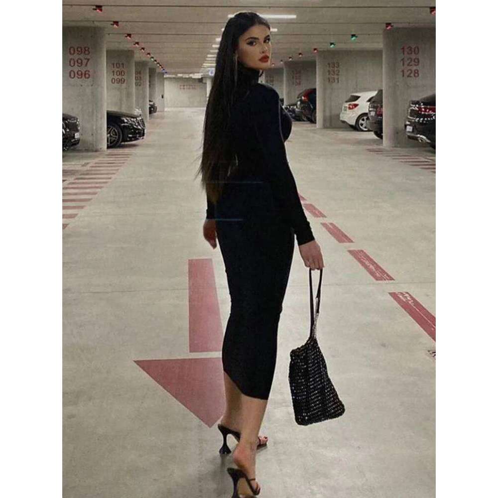 AHAgaga Summer Office Lady Regular Sexy Bodycon Maxi Dress Casual Long Sleeve Black Slim Dresses Women Turtleneck Robes Z260314