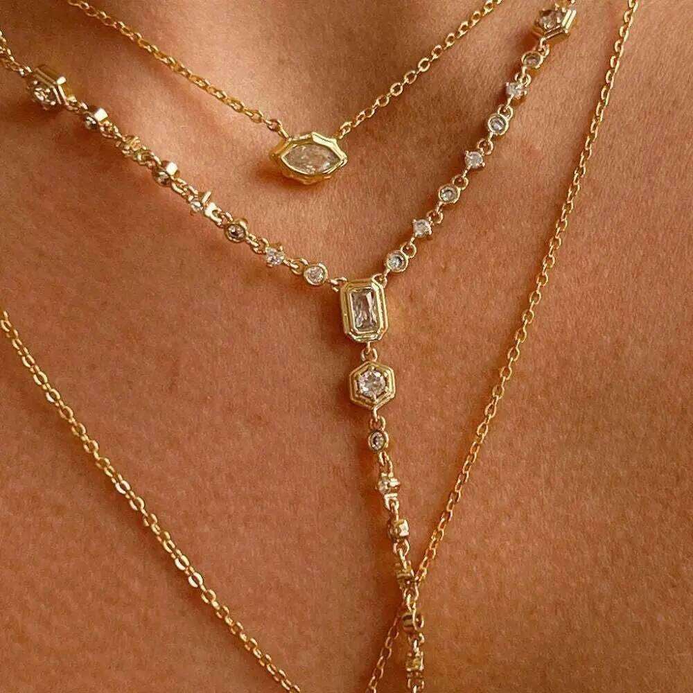 Fashion Minimalist Zirconia Oval Round Electroplated Pendant Copper Long Clavicle Necklace H260312