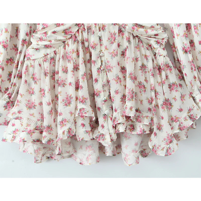 Boho Floral Print Ruffle Mini Dress Women Front Button Long Sleeve V Neck Spring Dresses Holiday Robe Short Vestidos 260313