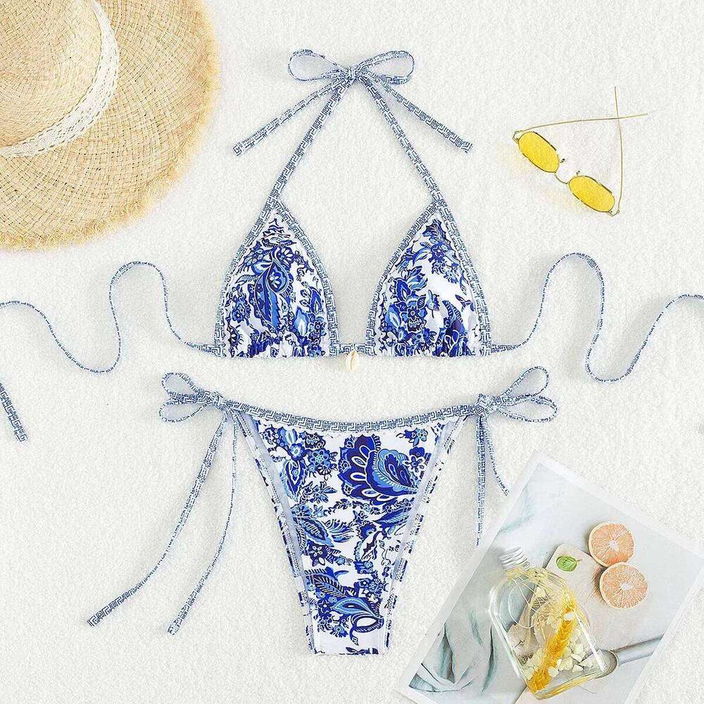 Vintage Blue Floral Print Swimwear Halter String Triangle 3 Piece Bikini Set Cover Ups Sexy Swimsuit Women 2026 Bikinis De Muejr Y260303