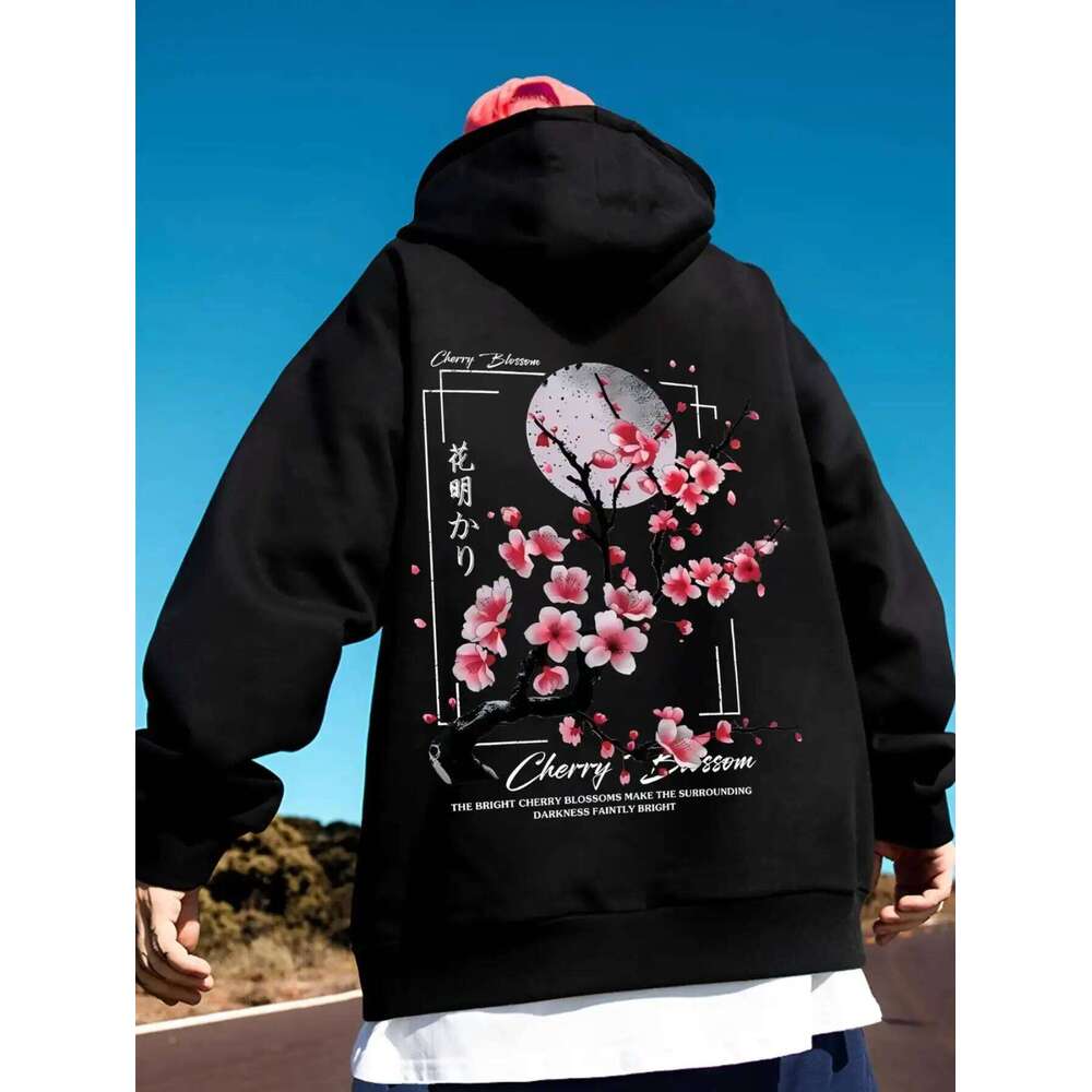 Men's fashionable clothing Cherry blossom and moon phase print pattern Comfortable hooded sweatshirt - Outdoor casual wear Z260315