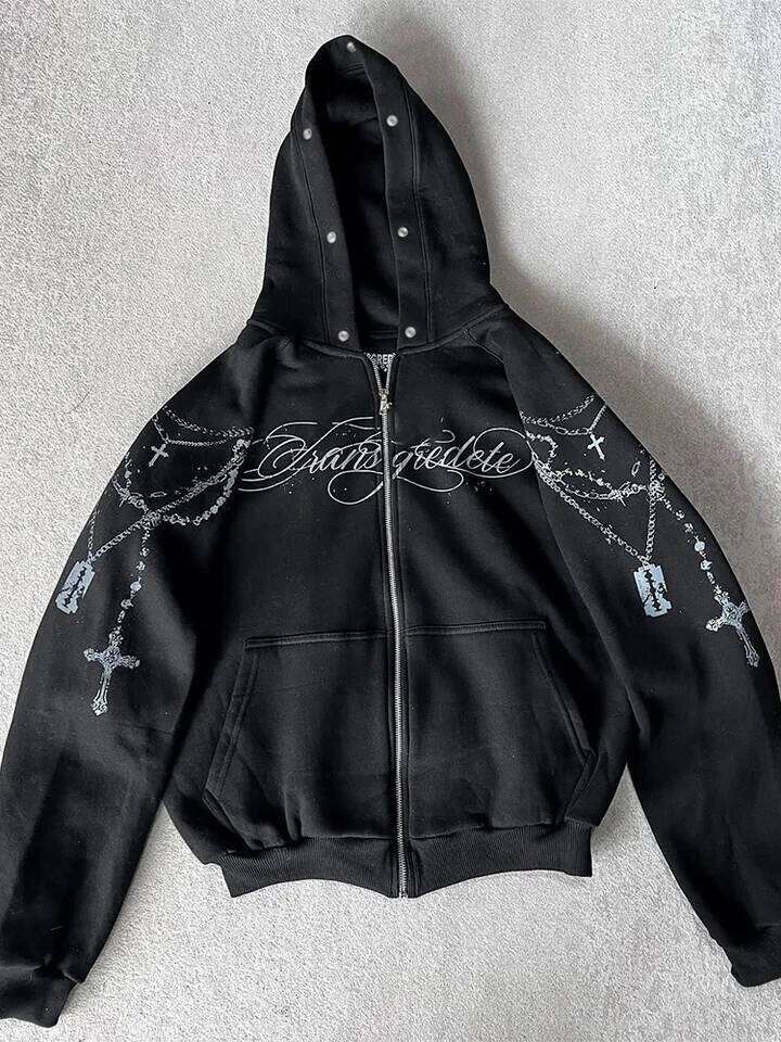 Winter Fashion Streetwear Women's Gothic Punk Faux Fur Hooded Jacket With Cross Print Trendy Edgy Zip - Up Sweatshirt 2026 New 26Y0313