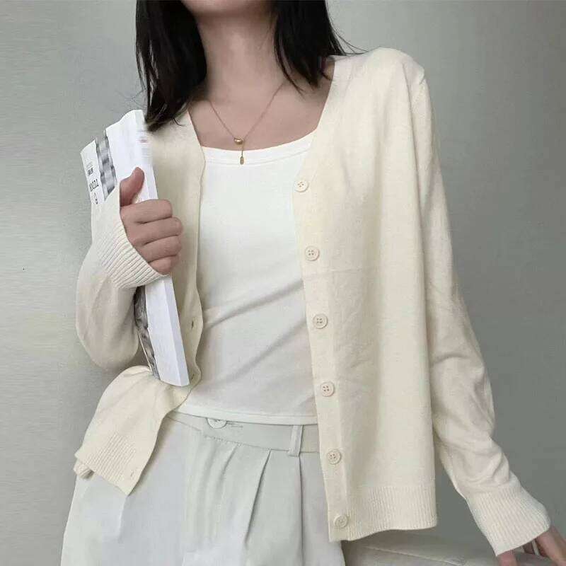 Knitted Cardigans New Long Sleeve V-Neck White Knit Sweater Cardigan Women Tops Knitwears Sueters De Mujer Q1108 Z260314