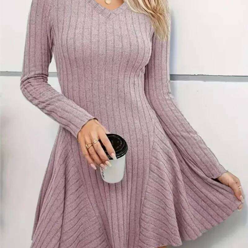 Solid Color V-neck Dress Autumn Winter Women's New Fashionable Knitted A-line Long Sleeved Short Frock Z260314