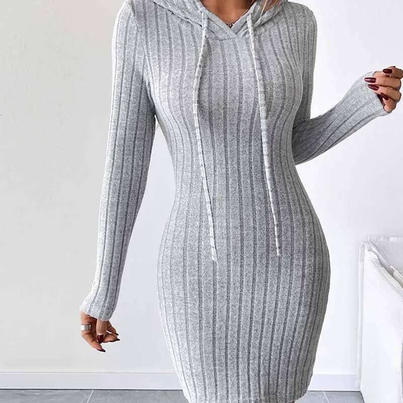 Trendy Ribbed Knitted Hooded Slim Fit with Drawstring Comfortable Slim-Fit Long-Sleeve Versatile Casual Chic Women Dress Z260313
