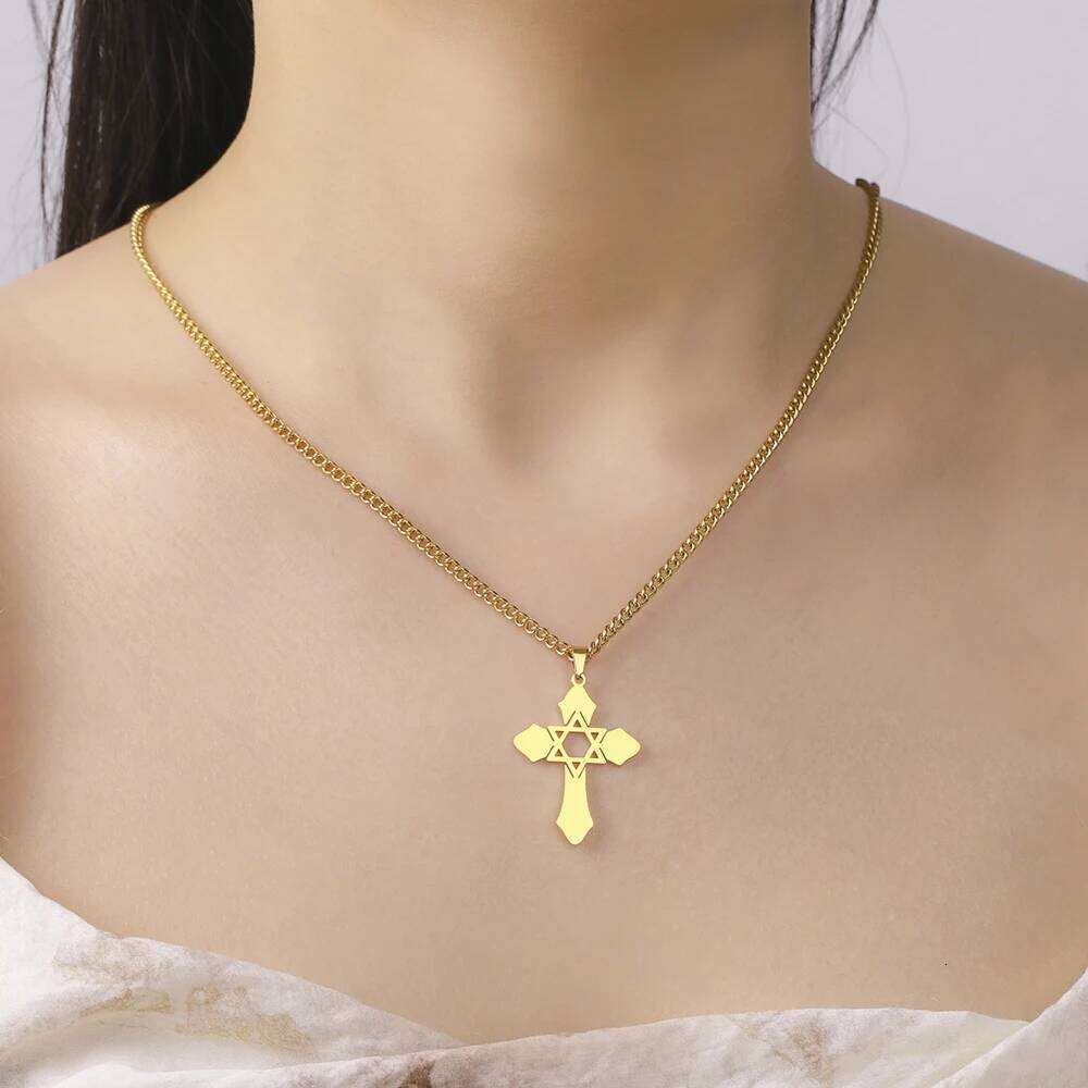 Dawapara Cross with Star of David Pendant Messianic Symbol Necklace Jewish Jewelry Protection Amulet Stainless Steel H260312