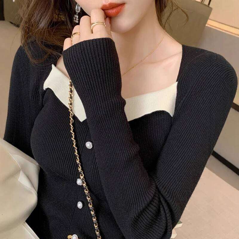 Fashion Elegant Color Block Knitwear Women Spring Autumn New Design Sweater Pullover Slim Fit Versatile Slimming Top Z260313