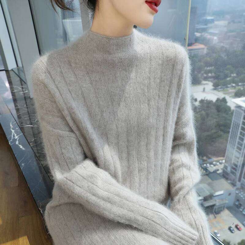 Thicken 100%Pure Mink Cashmere Knitted Dress Women's High-Neck Split Large Size Long Skirt Fashion Loose High-Waist Hip Pullover Z260313
