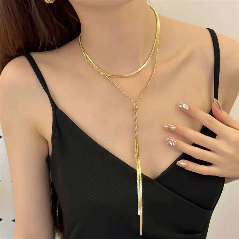 316L Stainless Steel New Fashion Fine Jewelry 134cm Pull Adjusting Charm Flat Snake Chain Choker Necklaces Pendants For Women H260312