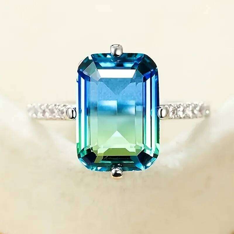 1pc Luxurious Set With Gradient Cubic Zirconia Stones, Change From Blue To Green, Engagement And Wedding Ring Gift H260312