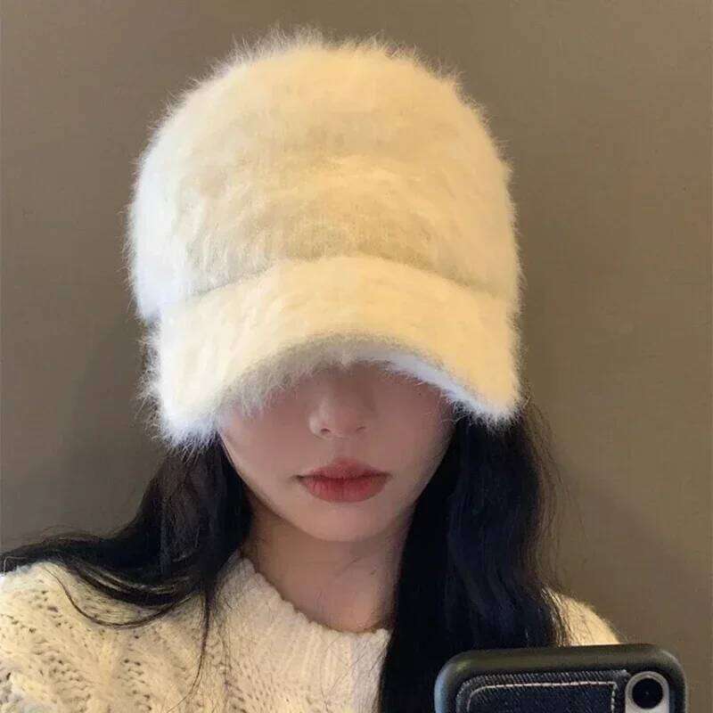 Ins Solid Color Rabbit Hair Baseball Caps Women Autumn and Winter Korean Versatile Warm Show Face Small Plush Duck Bill Hat Z260314