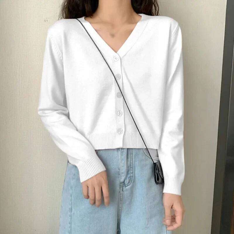 2025 Women's Long Sleeve Cropped V Neck Button Down Knit Lady Autumn Spring Knitted Single-breasted Cardigan Sweaters Z260314
