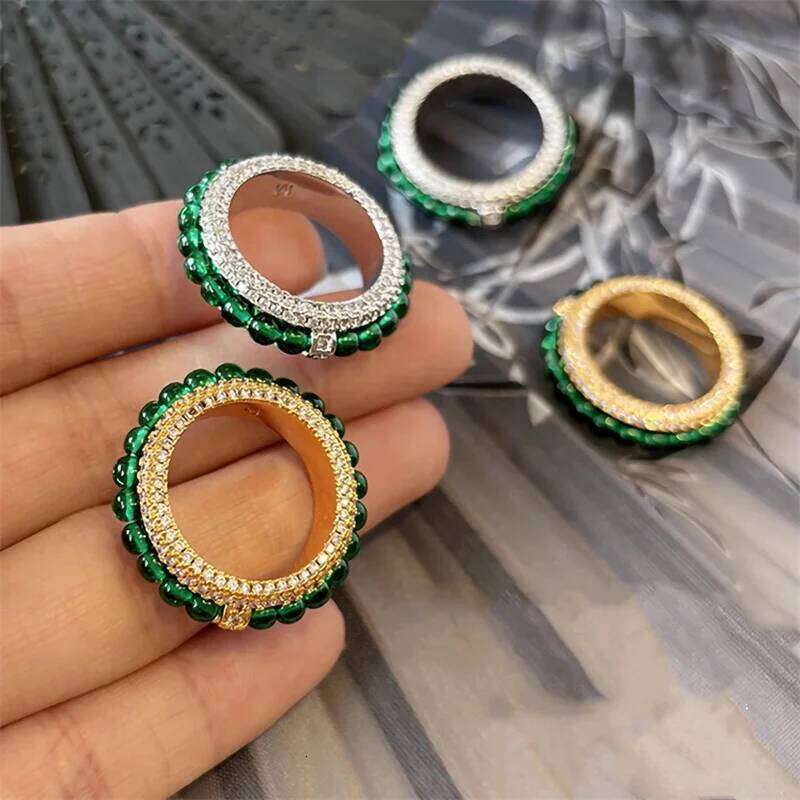 Vintage Natural Green Chalcedony Zircon for Women's Fashion Banquet All-match Index Finger Ring Exquisite Jewelry Gift H260312