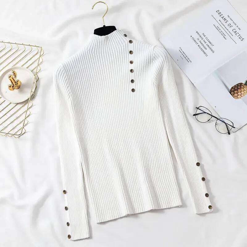 2025 Women Autumn Slim Sweaters Female Solid Knitted Cotton Soft Elastic Pullovers Button Full Sleeve Turtleneck Z260314