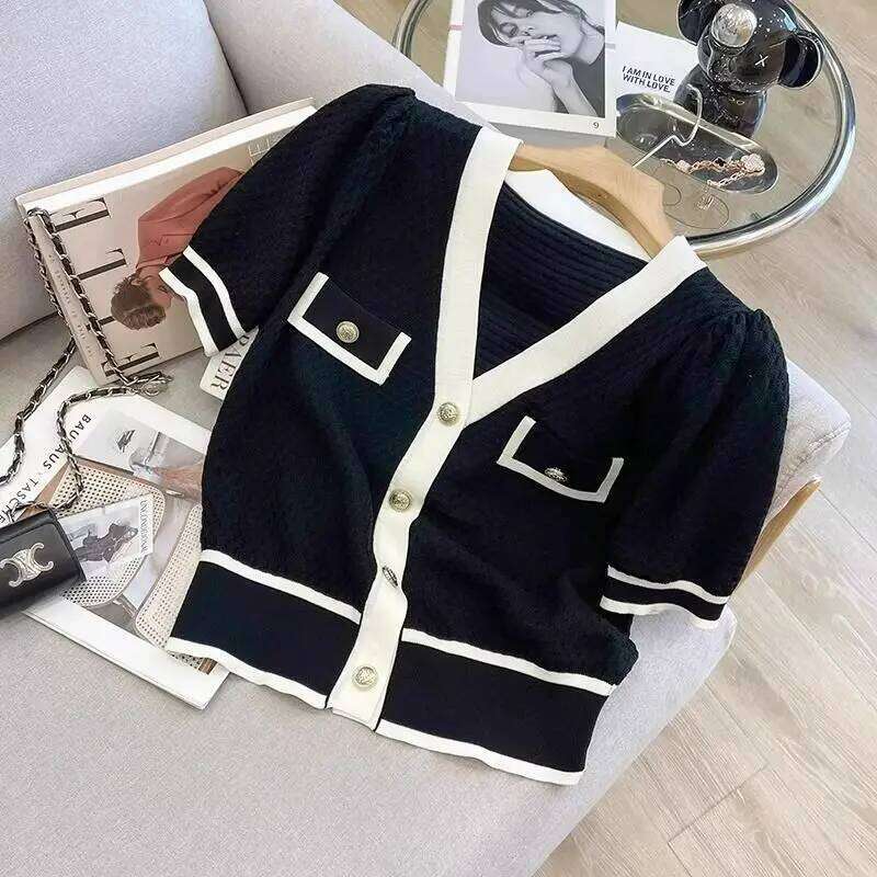 White Black Pink Knitted Cardigan Women Summer Knit T-shirt Short Sleeve Single-breasted Pocket Design Tops Chic Tees V-neck New Z260313