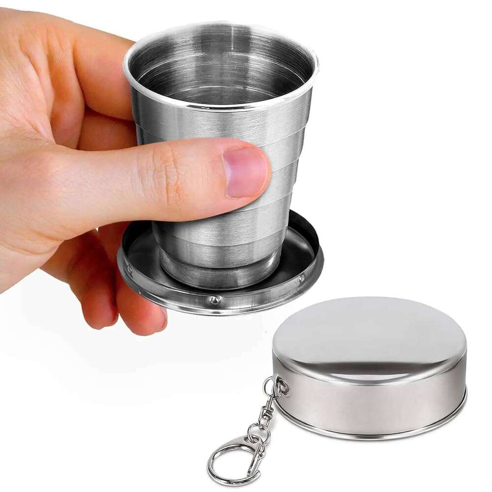 Retractable 75/150/250ml Stainless Steel Outdoor Portable Folding Cup with Lid Keychain Collapsible Shot Glasses Drinkware Z260314