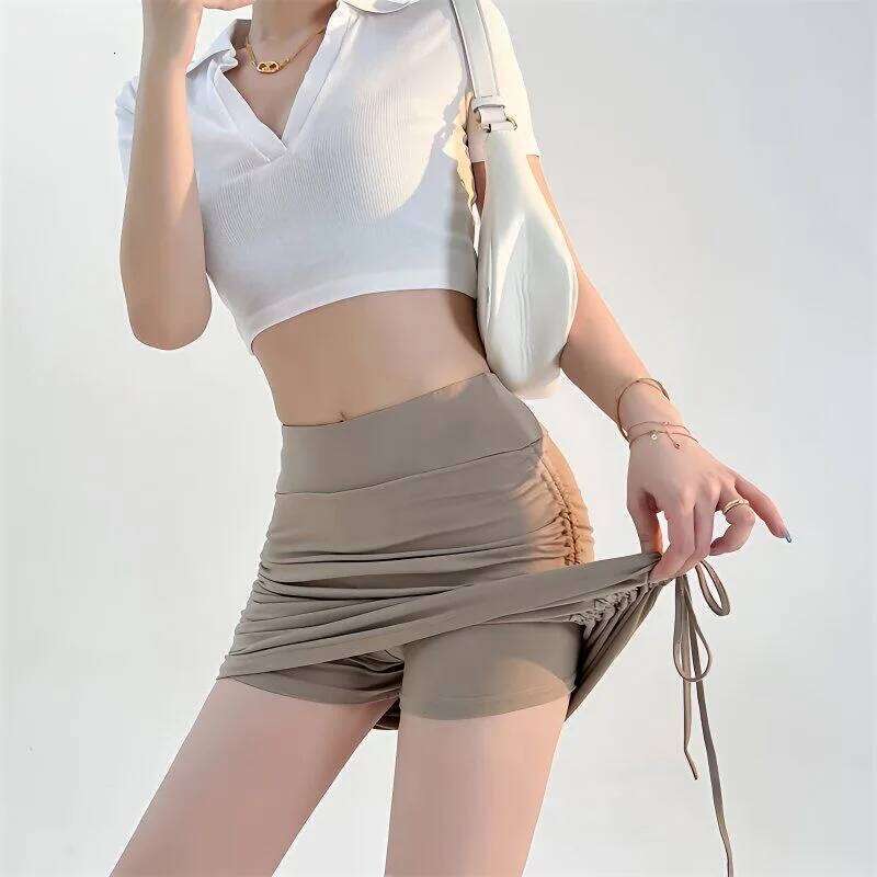 Sexy Women Summer Mini Drawstring High Waist Wrapped Hip Skirt Female Wild Solid Folds Slim Elastic Shorts Y2K Skirts Z260314