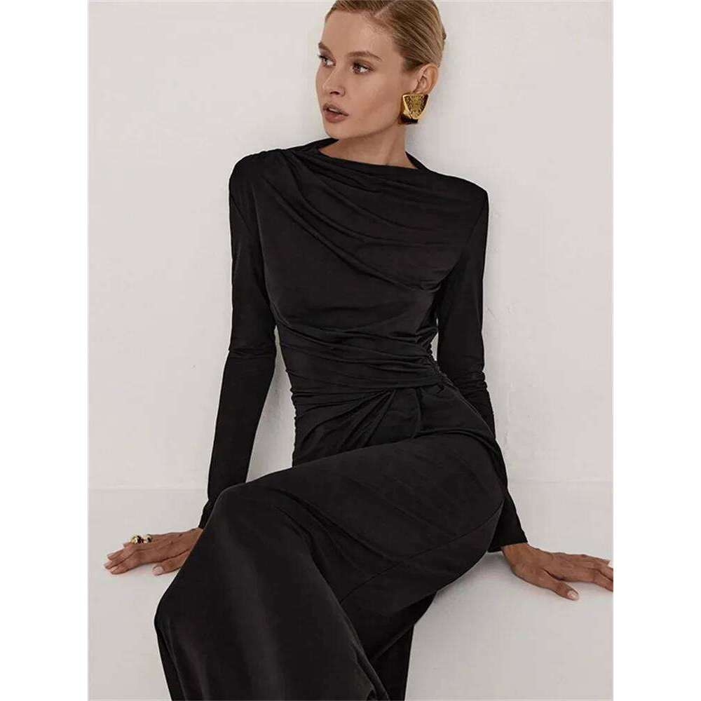 Tossy Pleated Slim Fashion Maxi For Women Elegant High Waist Sleeve Bandage Autumn Ladies Patchwork Long Dress Z260314