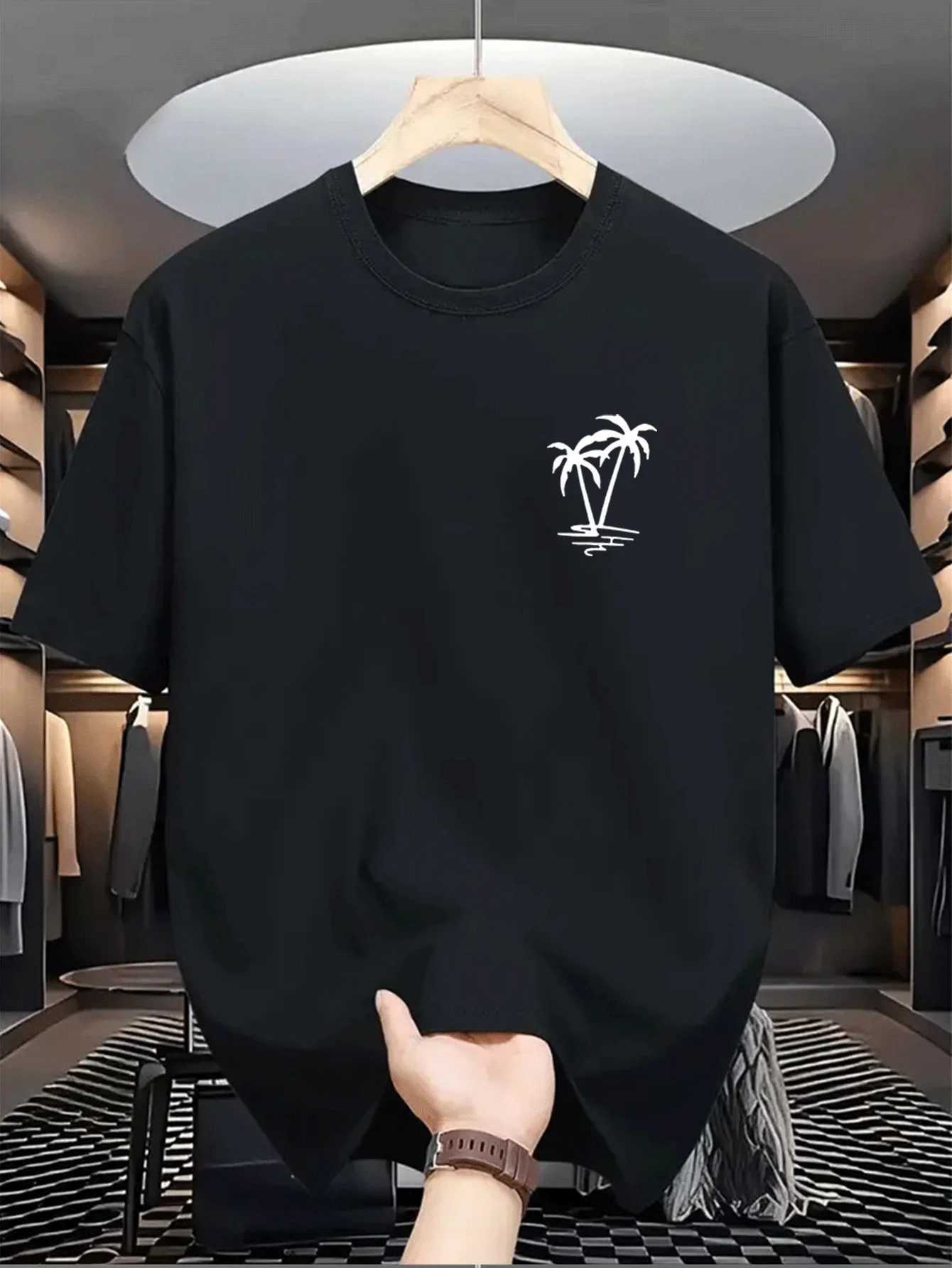 Mens summer 100 cotton fashionable casual loose coconut tree pattern printed sports round neck short sleeved T-shirt top D260313