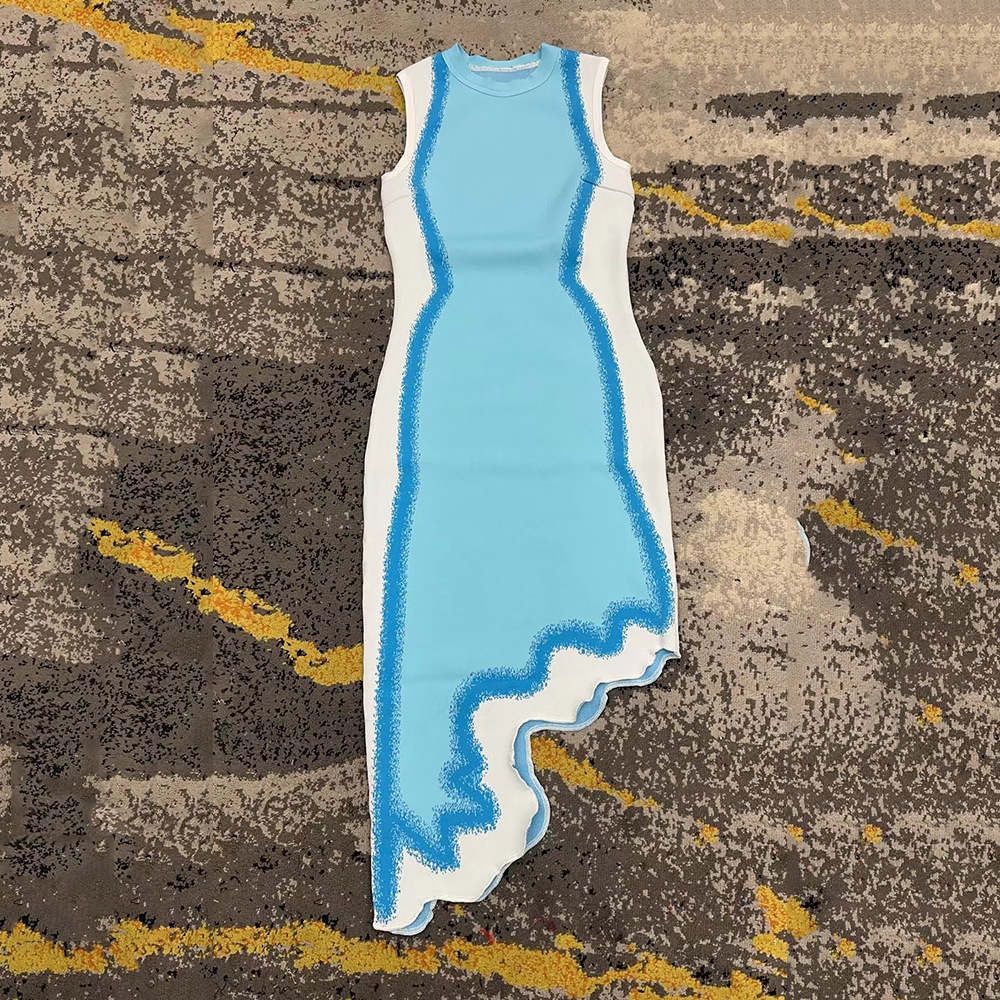 Fashion Contrasting Irregular Hem Slim Dress For Women Elegant Round Neck Sleeveless Midi Dresses Summer Lady High Street Robes 240802