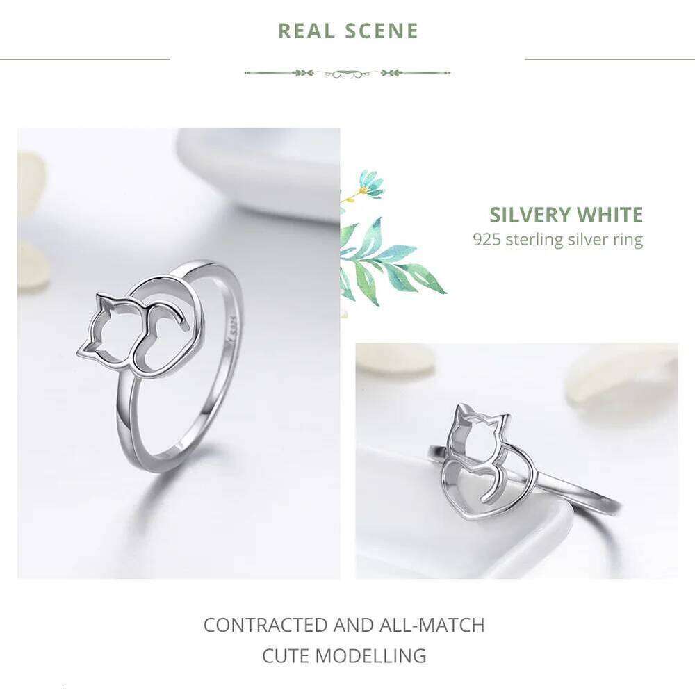 BAMOER Authentic 925 Cute Little Cat & Heart Finger Ring for Women Sterling Silver Jewelry Gift SCR104 H260312
