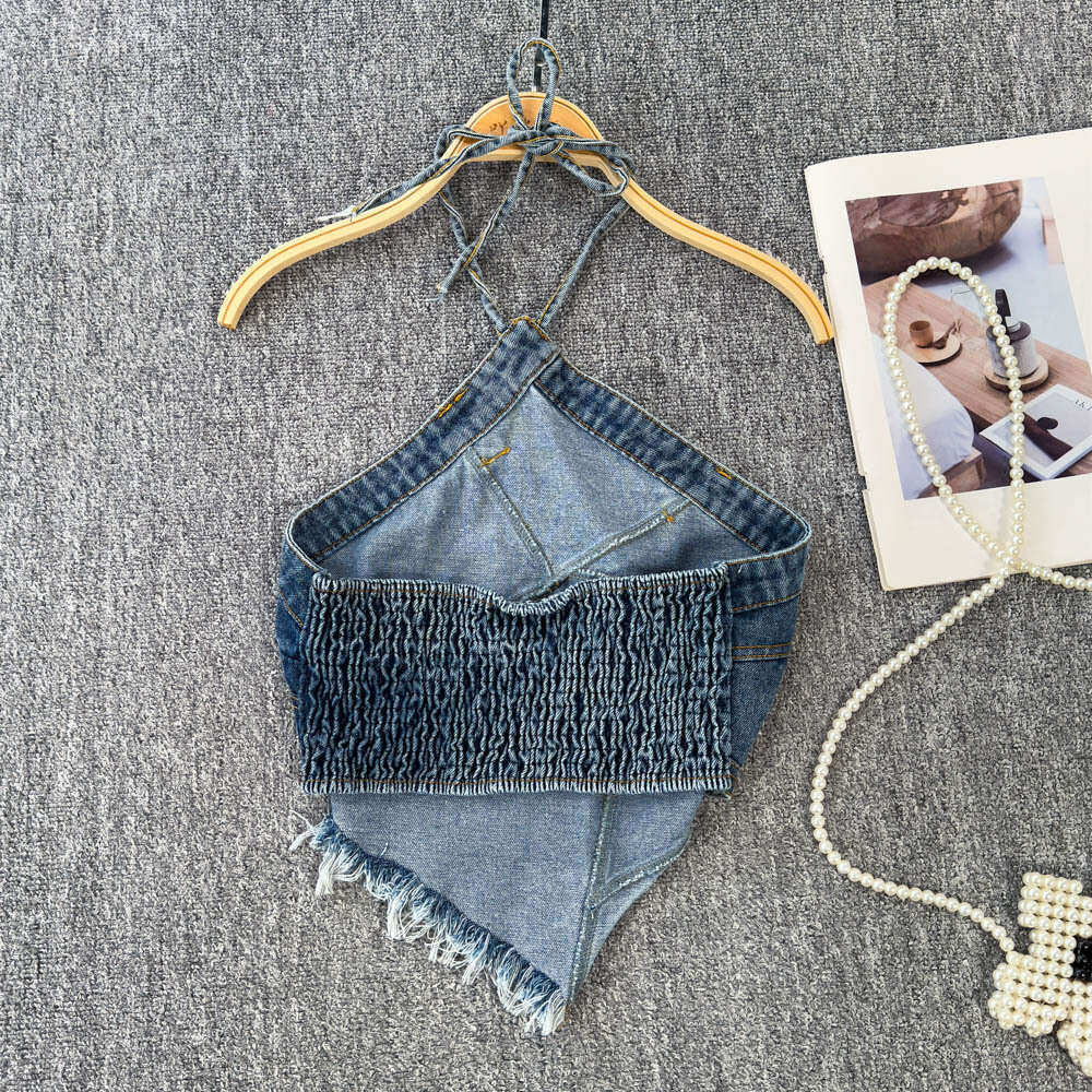 Women's crossover American denim camisole, spring and summer lingerie, sexy backless design, slim and fashionable