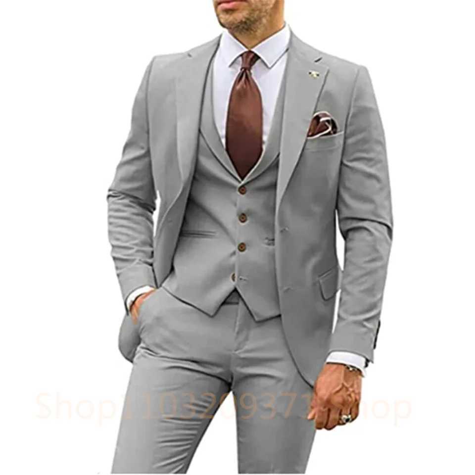 New Light Gray Groom Groomsman Men Suit Wedding Party Formal Occasions Business Male Tuxedo 3 Piece Set Jacket Vest Pants M260313