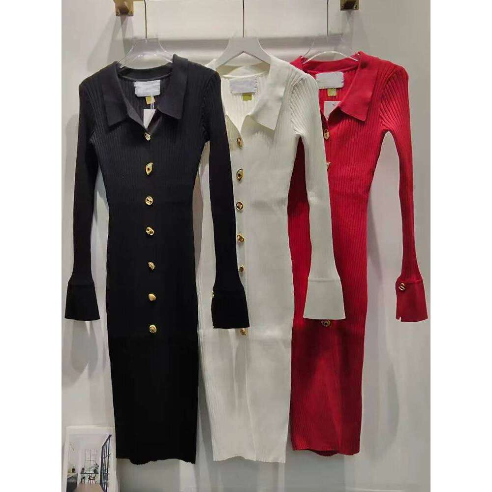 Retro solid color lapel single-breasted long-sleeved slim knit elastic autumn and winter new temperament hip dress Z260314