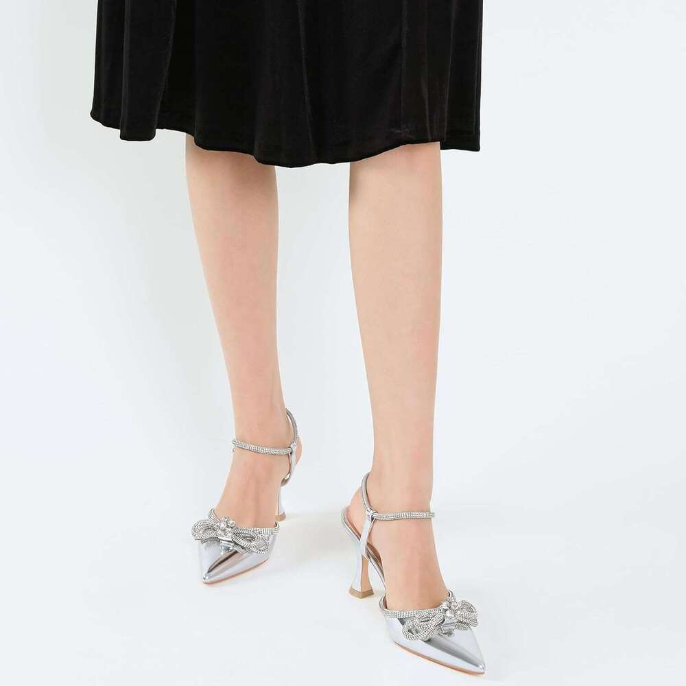 Women S Closed Rhinstone Wedding Low Heel Slingback Clear Kitten Heels Adjustable Strap Pointed Toe Bow Pumps High Heeled Prom Dress Shoes MOJIDASHU