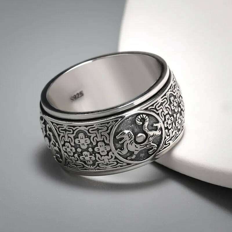 Simple S925 Sterling Silver Rotatable Beast Men's Overbearing Vintage Engraved Ring Boyfriend Birthday Gift Jewelry H260312