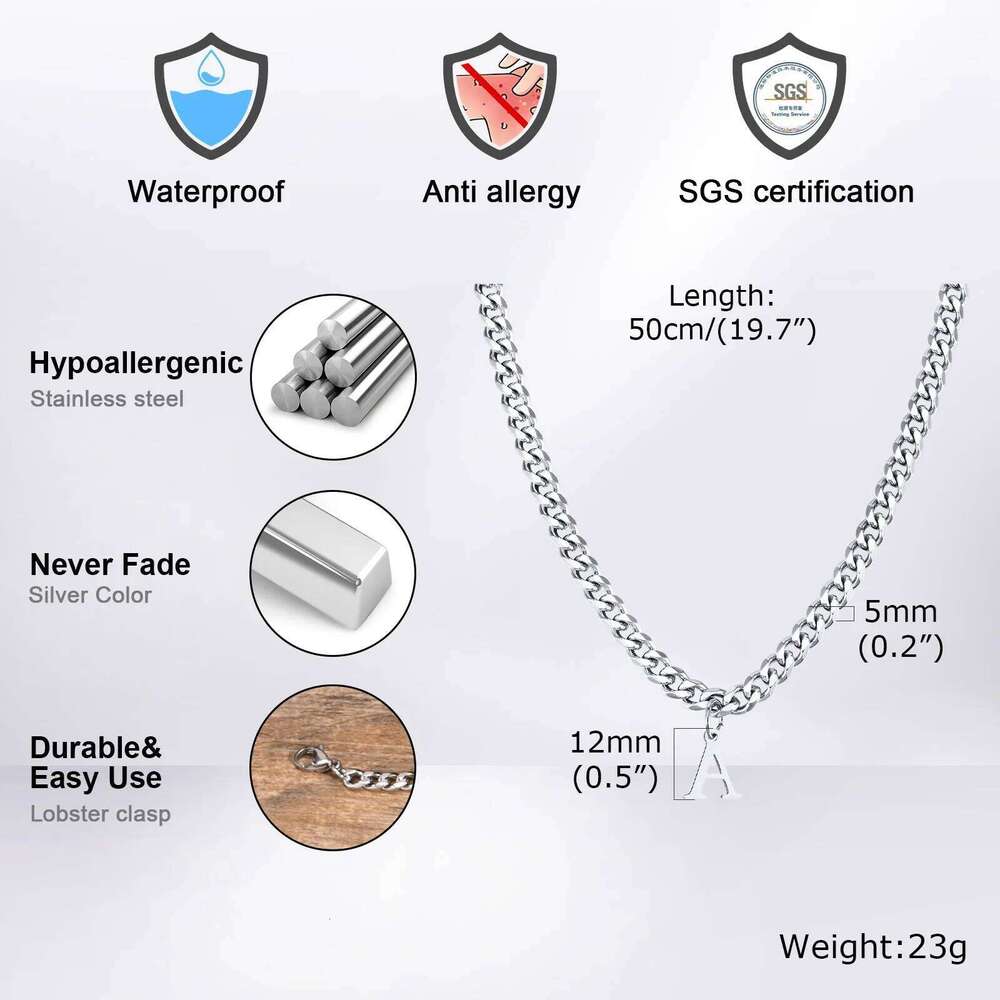 Vnox Simple A-Z Letter Necklace Men Women, Waterproof Stainless Steel Cuban Chain Necklace, Jewelry Gift for Him H260312