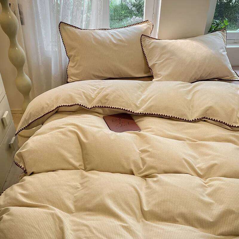 winter thickened four-piece set simple solid color striped shell edge naked sleeping grade sheets comfortable home textiles H260312 - view 3