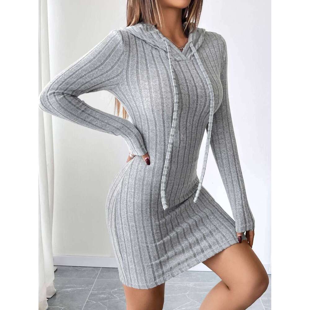 Trendy Ribbed Knitted Hooded Slim Fit Dress with Drawstring - Comfortable Casual Style for Women Z260314