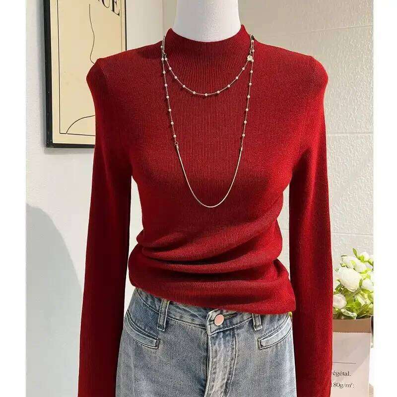 Women's Pullover Half Turtleneck Long-sleeved Sweater Bottoming Autumn and Winter Solid Color Top Z260313