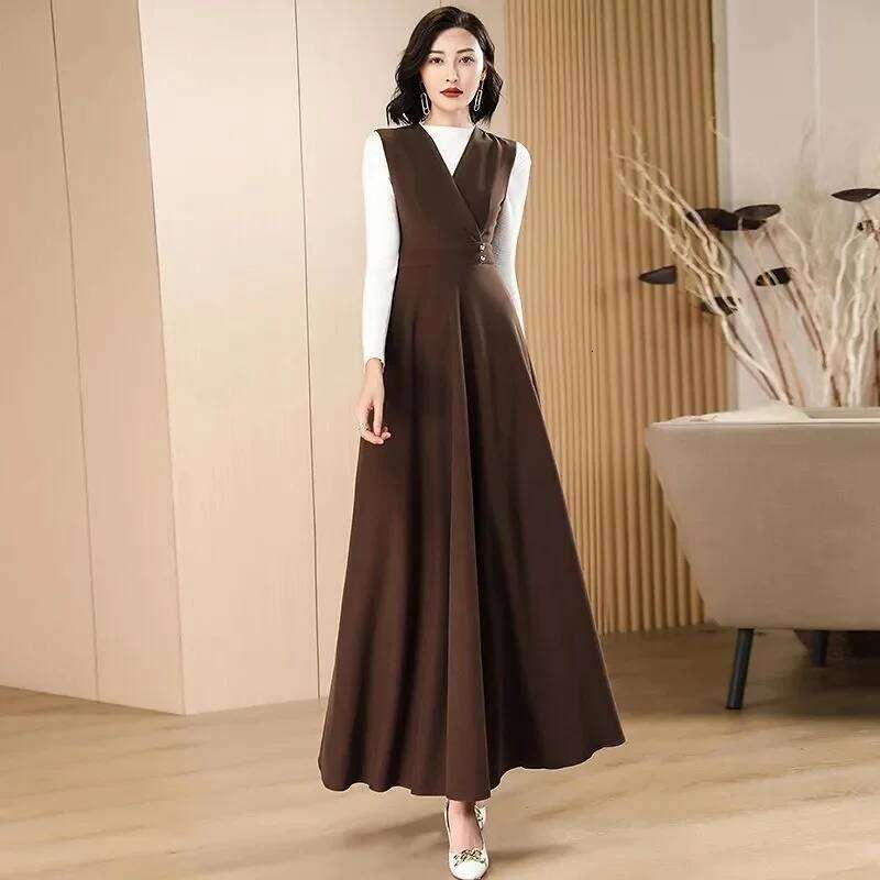 New Temperament Women's Woolen Long Autumn Small Fragrance Style Sleeveless Vest + Sweater 2PCS Suspenders Dress Set Z260314