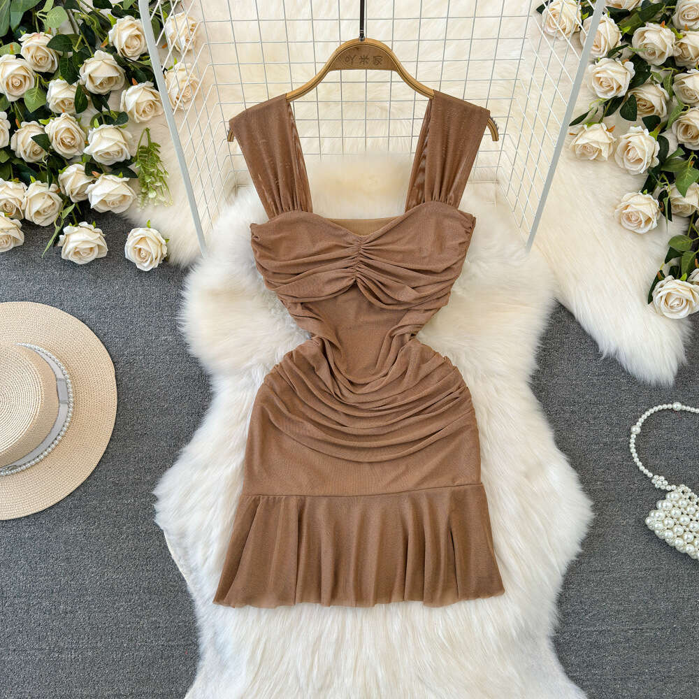 2026 French Elegant Women's Sexy A12 Mesh Ruffle Strap Skirt Waist Slimming and Wrinkle Details