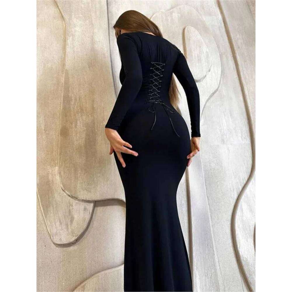 Sexy Black Slim Dresses Women Long Sleeve Square Collar Low Cut Package Hip Bodycon Maxi Dress Fashion Party Club Vestidos Z260314