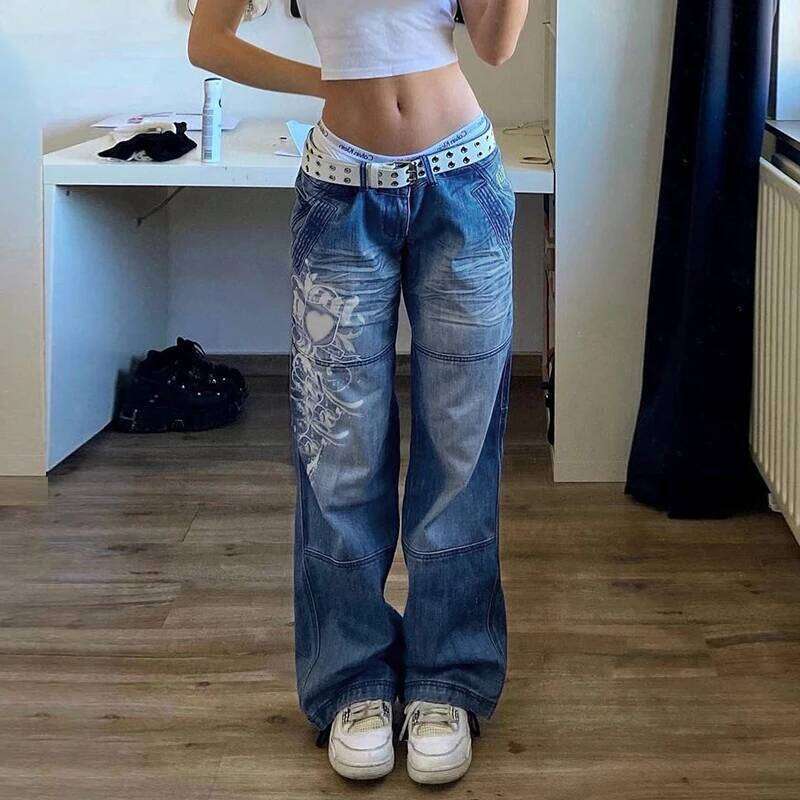 Women's Harajuku Jeans Floral Print Vintage Aesthetic Baggy Straight Pants Grunge Casual Outfits Trousers Streetwear Y2k Z260313