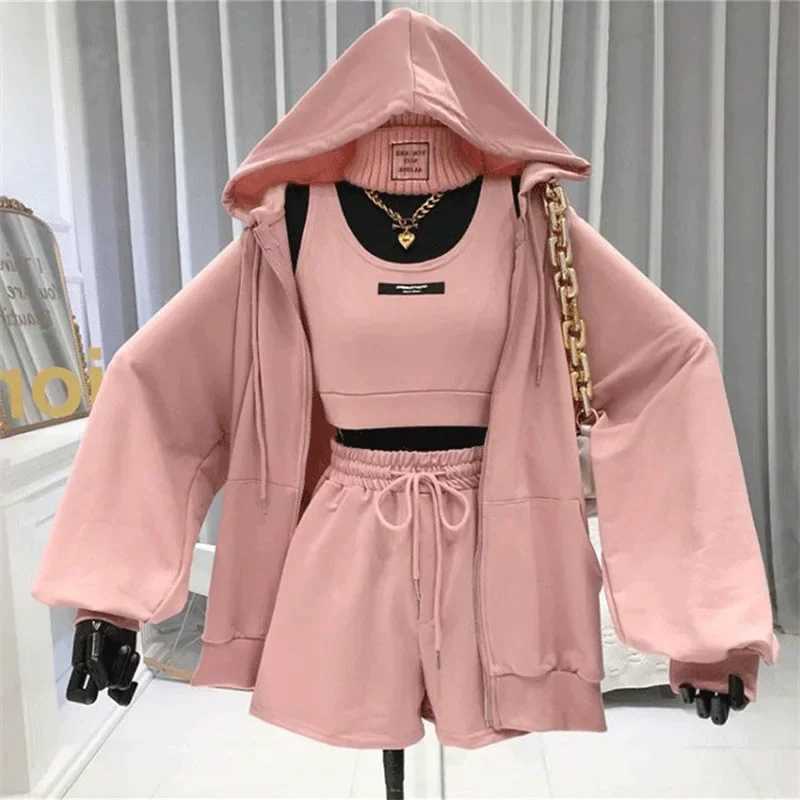 Shorts Three 3 Piece Sets Women Casual Vest Drawstring Short Hooded Zipper Jacket Sportswear Suits Y2k Streetwear Sports Hoodies M260313